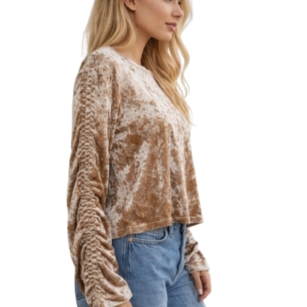 MELLODAY Crushed Velvet Long Sleeve Top Tan Size S Pretty Sleeve Detail Soft